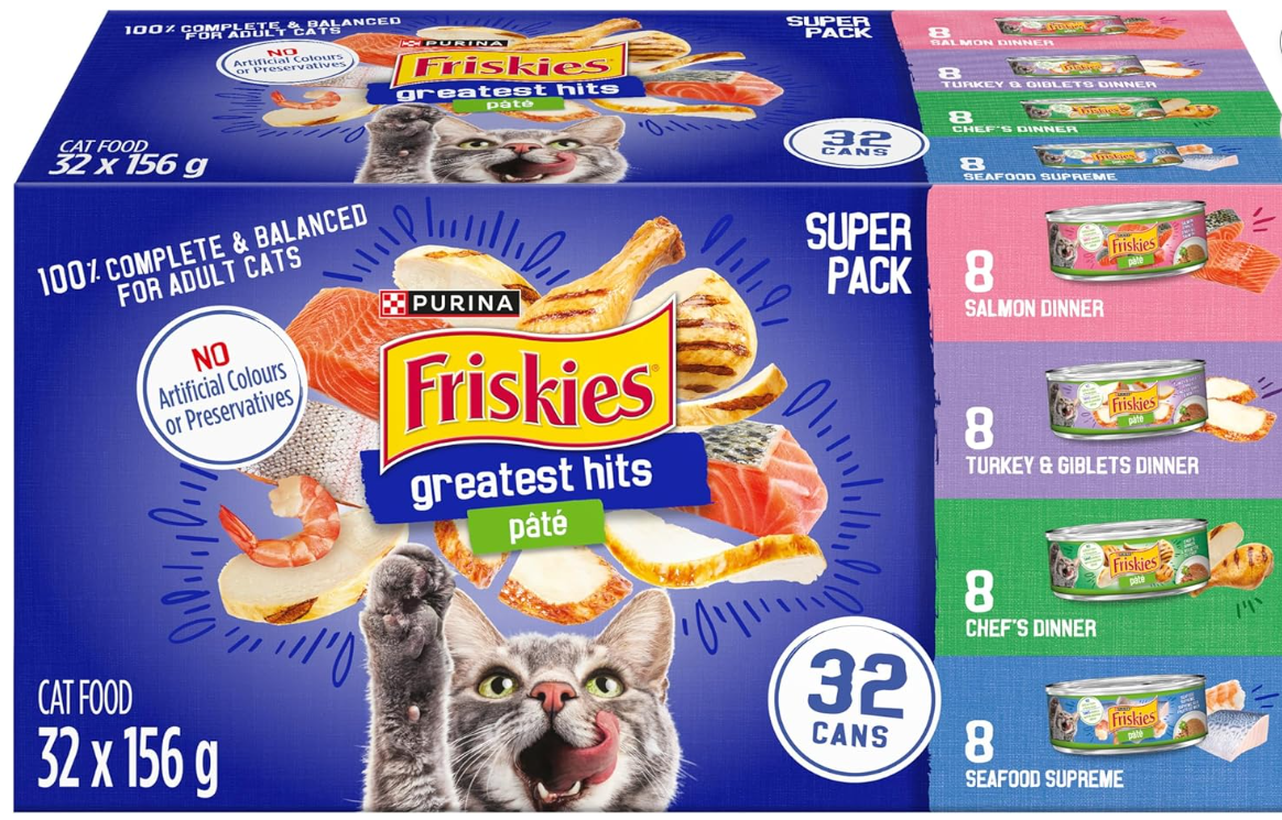 Friskies Greatest Hits Wet Cat Food, Pate Variety Pack 4 Flavours - 156 g Can (32 Pack)